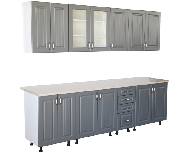 Bucatarie Zebra 260 cm din MDF Gri cu blat termoizolant culoare Marmura